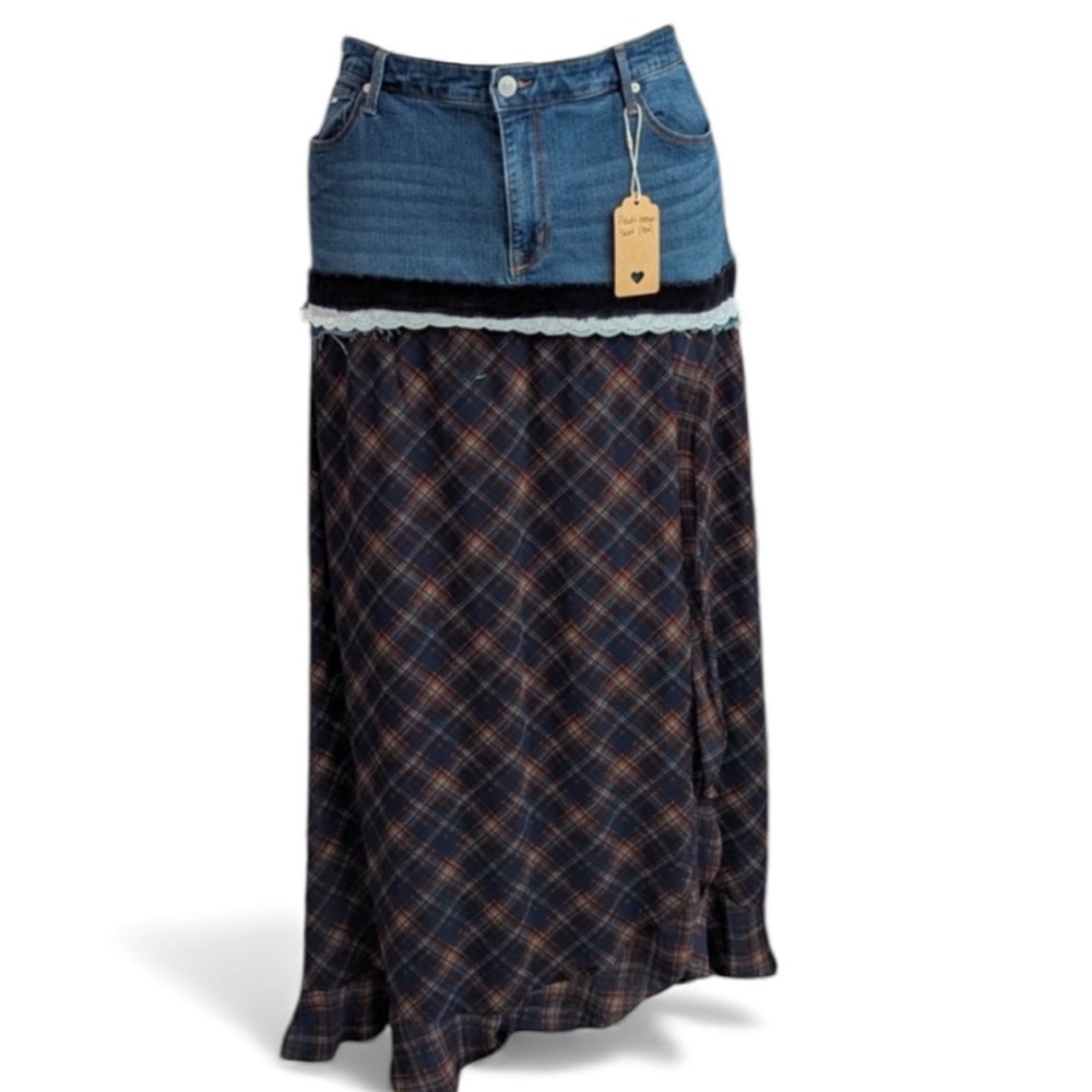 Upcycled 18W Nine West Skirt Plaid Denim Maxi Skirt